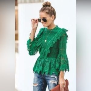 Champagne & Strawberry Green Crochet Lace Bell Sleeve Peplum Ruffle Blouse Top